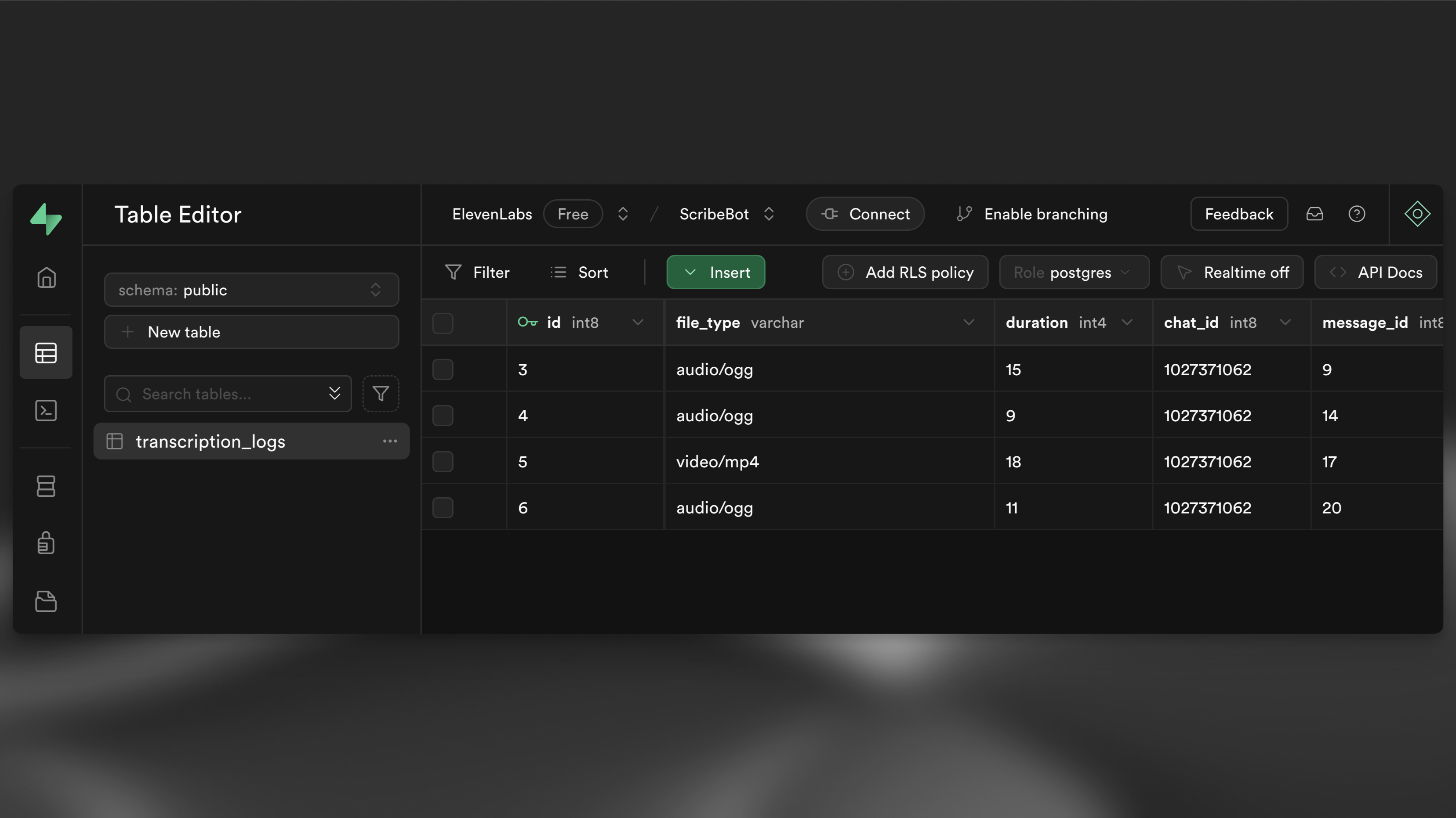 New row in table